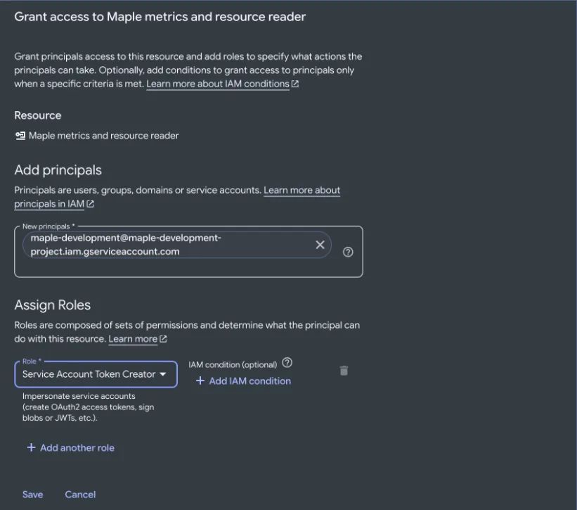 The Grant access panel on the read-only account with Maple's service account as new principal and the role Service Account Token Creator.